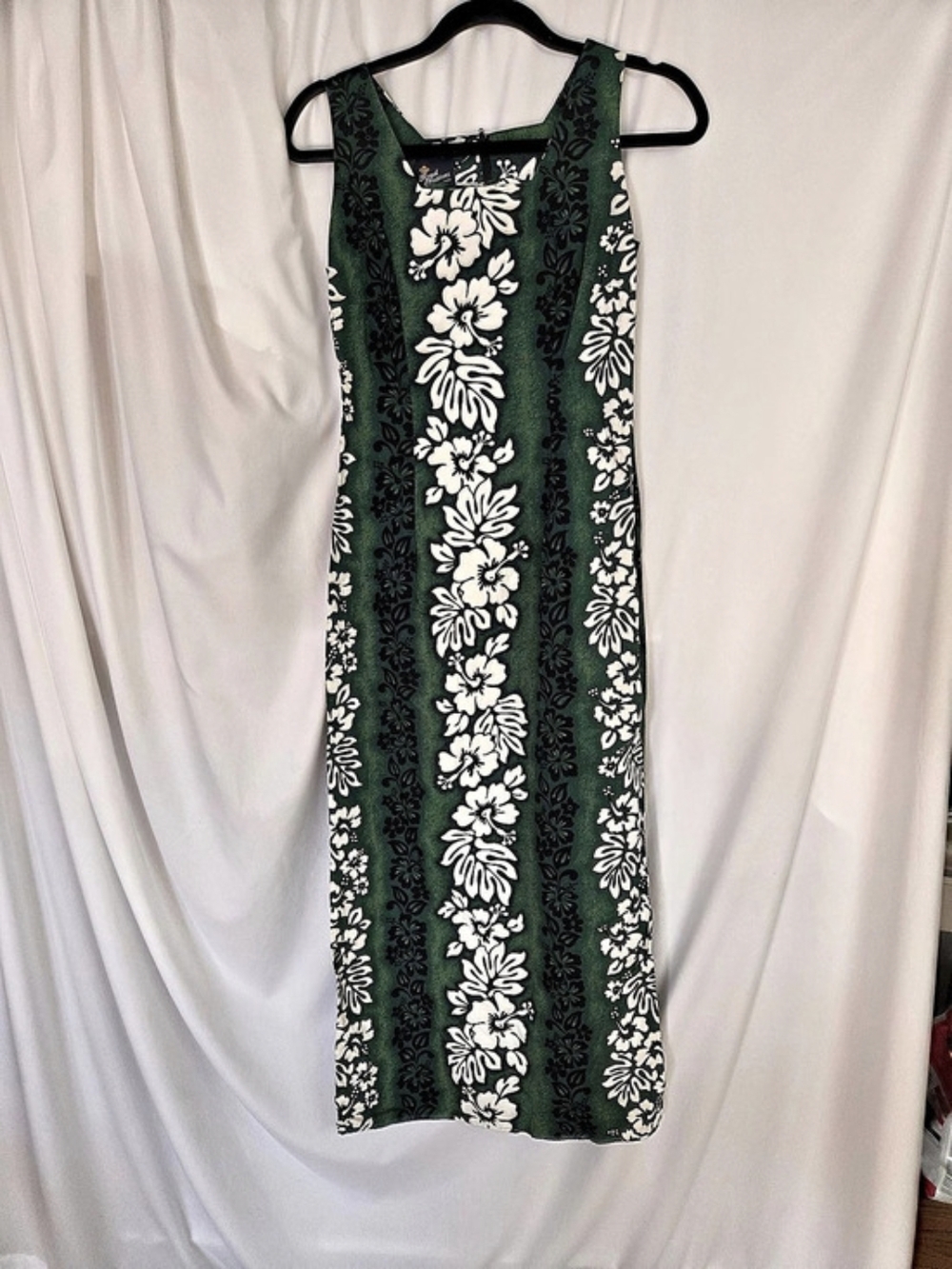 Royal Creations Floral Long Green & White Hawaiian Tropical Cotton Dress Size S